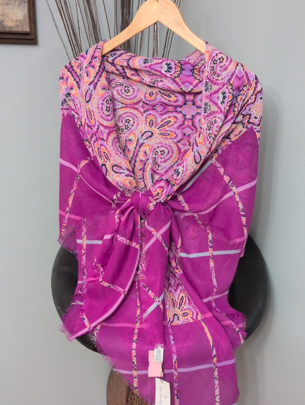 Vera Bradley Square Purple Paisley & Plaid Wrap Scarf